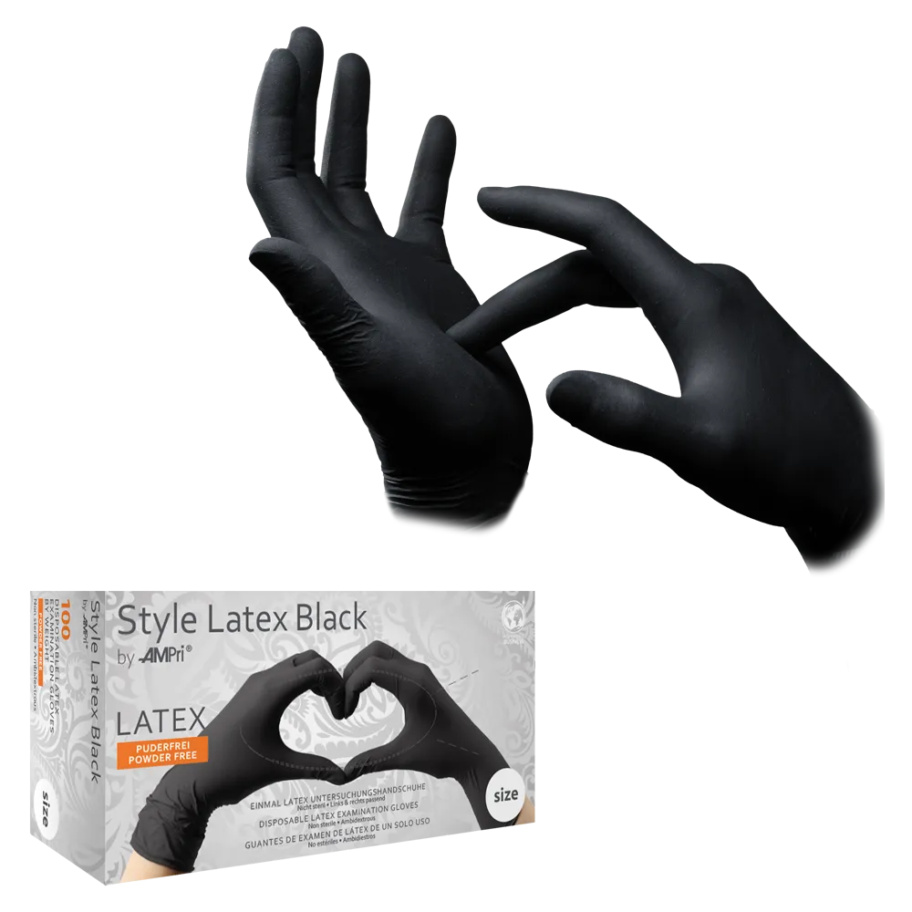 Ein Paar Hände trägt schwarze, puderfreie STYLE LATEX BLACK Latex-Untersuchungshandschuhe von AMPri Handelsgesellschaft mbH; einer zieht am Handgelenk des Handschuhs, während ein Kasten darunter die behandschuhten Hände zeigt, die eine Herzform bilden.