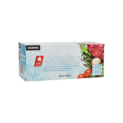 Eine Schachtel mit 60 Starpak Gefrierbeuteln, je 4 l (40 x 25 cm), aus LLDPE. Die transparenten Beutel werden in einer Faltschachtel mit deutschem und polnischem Text geliefert. Auf der Verpackung sind Fleisch, Pilze und Tomaten abgebildet. Marke: Starpak.