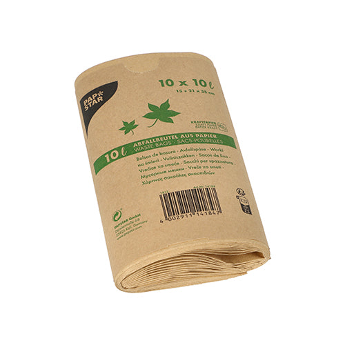 Eine Rolle PAPSTAR GmbH 10 Abfallbeutel Kraftpapier, 10l (35x21x15 cm), braun, Banderole (10 Stück) mit grünem Aufdruck und Recyclingsymbolen; Die Verpackung enthält Informationen in mehreren Sprachen.