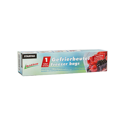 Eine Schachtel Starpak 20 QuickSnap Gefrierbeutel 1 l (20 x 18 cm, transparent), Faltschachtel mit 20 Stück.