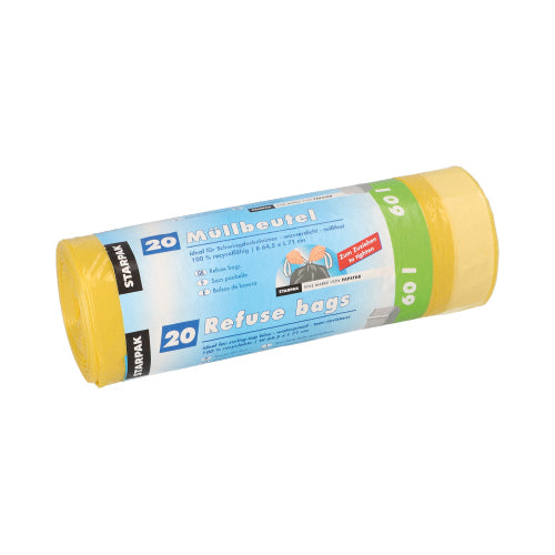 Eine gelbe Rolle Starpak 20 Müllsäcke mit Zugband (60 l, 71 x 64,5 cm, HDPE) ist mit einer blau-weißen Banderole mit mehrsprachigem Branding und Anleitung versehen. Die Verpackung trägt den Aufdruck „20 Müllbeutel“ und enthält 20 Stück.