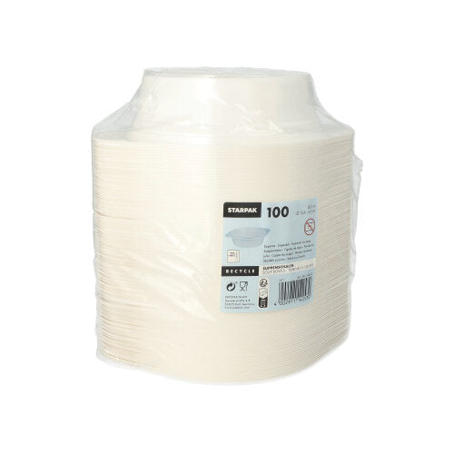 Ein Stapel weißer Starpak 100 Suppenschalen, PP rund, Ø 15,6 cm Schalen in Kunststoffverpackung mit Recycling-Symbolen und Barcode - ideal als Suppenbecher To Go zum bequemen Servieren.