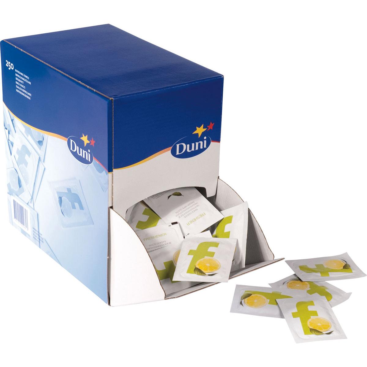 Eine Spenderbox der Duni GmbH mit 250 Erfrischungstüchern (71 x 51 mm) enthält einzeln verpackte, nach Zitrone duftende Tücher, von denen einige teilweise ausgezogen sind und einige neben der Box liegen.