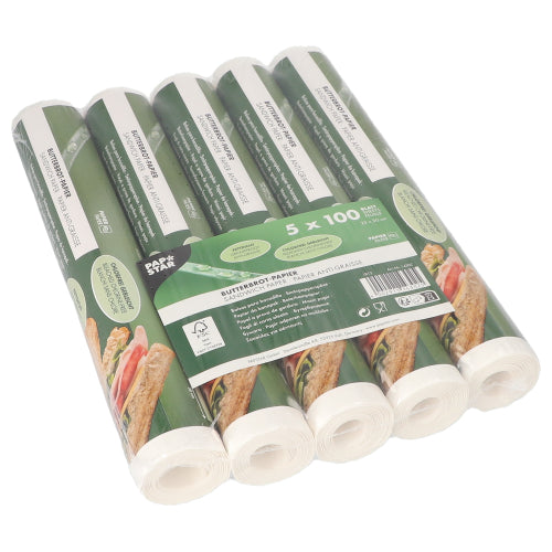 Die 500-Blatt-Packung weißes Butterbrotpapier (25cm x 30cm) der PAPSTAR GmbH, in Schrumpffolie verpackt, eignet sich optimal zum Verpacken von Lebensmitteln und ist mit Produktdetails beschriftet.