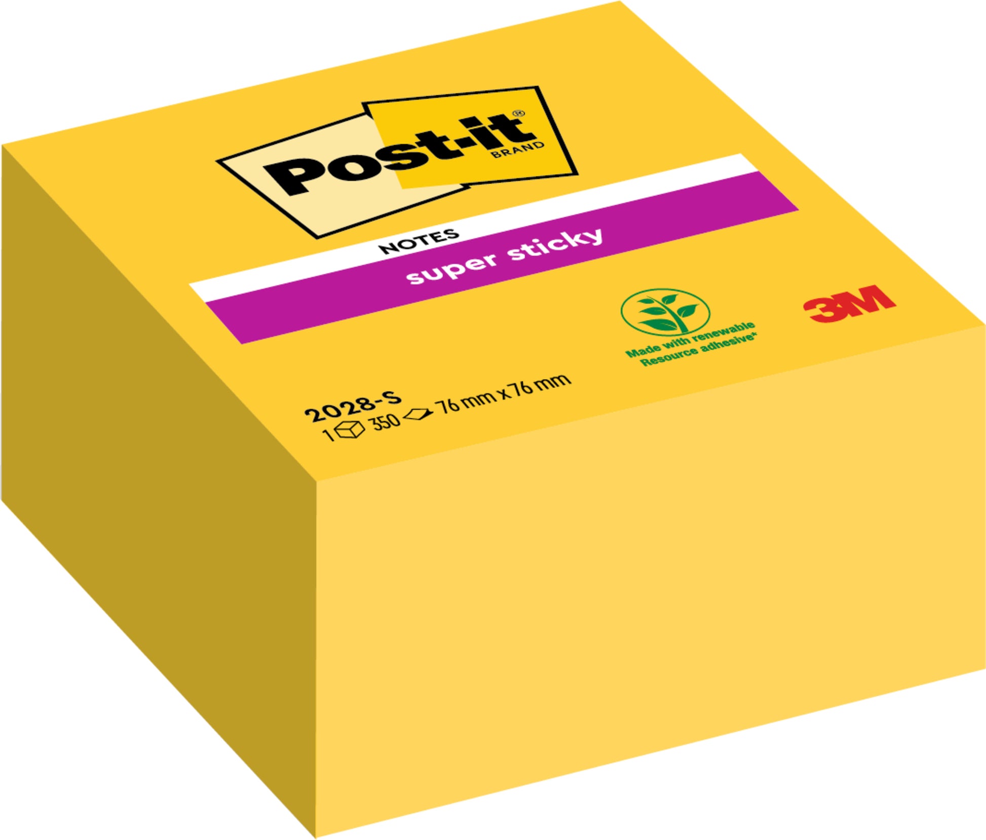 Die Post-it® Super Sticky Notes Würfel in Gelb von 3M Deutschland GmbH haben 350 Blatt (76 mm x 76 mm) und eine umweltfreundliche Verpackung.