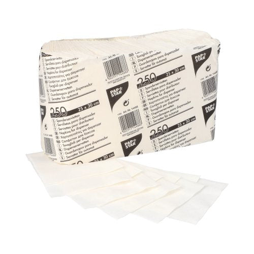 Eine Packung mit 250 PAPSTAR Spenderservietten 1-lagig, 25x30 cm, weiß (PAPSTAR GmbH) in einer Banderole; Servietten liegen flach auf – ideal für Spendersysteme und eine umweltfreundliche Anwendung.
