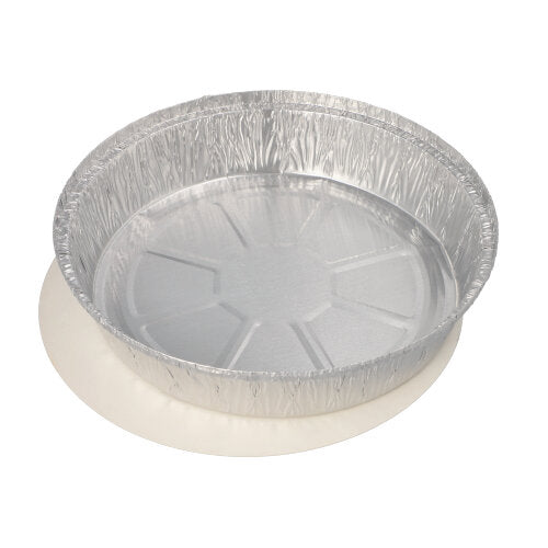 Eine runde, leere Starpak 25 Schalen-Aluminiumpfanne mit PP-beschichtetem Einsatzdeckel steht auf einer schlichten weißen Fläche, ideal für Catering oder Take-away-Gerichte.