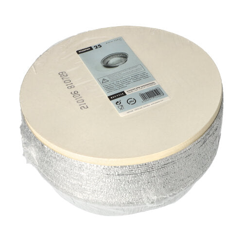 Ein Stapel runder, silberfarbener Starpak 25 Schalen, Alu + Einlegedeckel ist in Kunststoff eingewickelt und mit einem beigefarbenen Etikett und einem Barcode versehen, so dass sie von Starpak ideal für Catering- oder Take-away-Dienste geeignet sind.