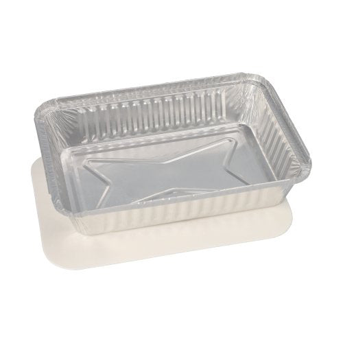 Das Starpak 25 Schalen Set besteht aus rechteckigen Aluminiumschalen mit erhöhtem Bodenmuster und flachen, weißen PP-beschichteten Deckeln, ideal für Catering und Take-away.