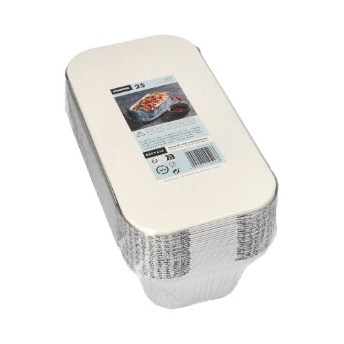 Eine Packung mit 25 Starpak Alu-Backformen mit PP-beschichtetem Einsatzdeckel verfügt über ein Etikett mit Produktinformationen und einem Bild von Backwaren, ideal für Catering oder Take-away.