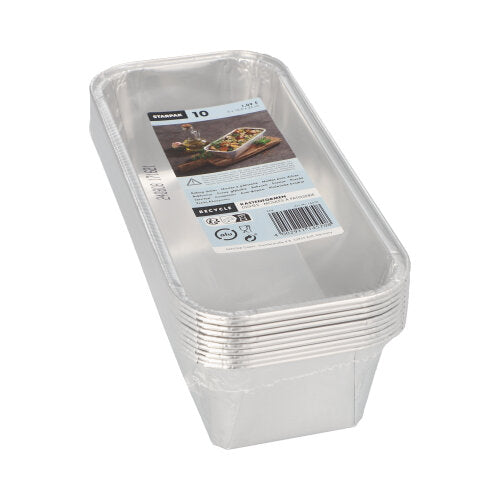 Eine Packung mit 10 rechteckigen Starpak Kastenformen (Aluminium-Backformen, 1,09 l, 6 x 10,2 x 23 cm) in einer Klarsichtverpackung mit Produktetikett und einer Abbildung von Backwaren.