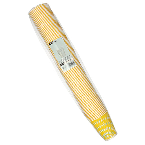 Eine versiegelte Packung mit 100 Starpak Trinkbechern für Kaltgetränke (Pappe) in gelben und weißen Streifen, verpackt in klarem Plastik mit einem sichtbaren Etikett auf der Vorderseite.