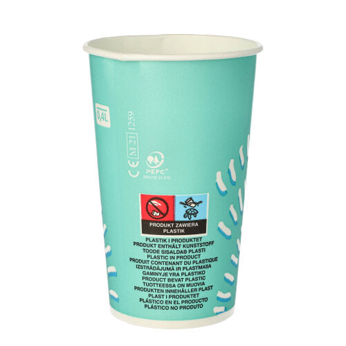 Die Starpak 50 Trinkbecher für Kaltgetränke (0,4 l, Ø 8,97 cm, 13,5 cm) in Türkis sind robuste Pappbecher mit weißen dekorativen Markierungen und mehrsprachigen Warnhinweisen – Plastikgehalt und No-Littering-Symbole – für Sicherheit und Komfort.