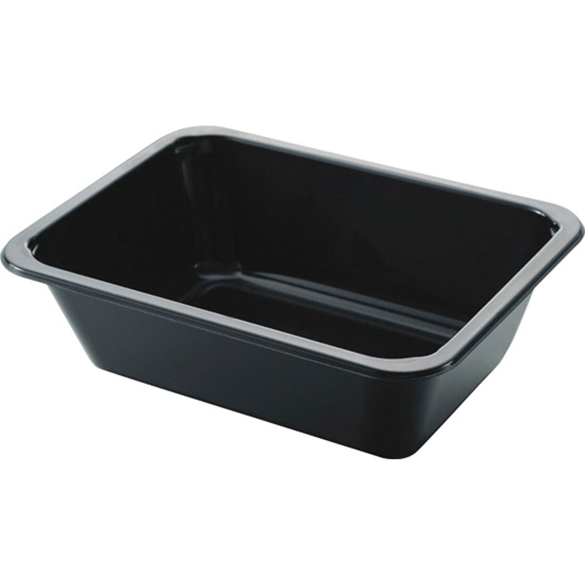 Das CPET Take-Away klein Schwarz Tablett der Duni GmbH ist ein rechteckiger, schwarz glänzender Behälter mit leicht abgewinkelten Seiten, der leer auf weißem Hintergrund abgebildet ist - perfekt für den Einsatz zum Mitnehmen.