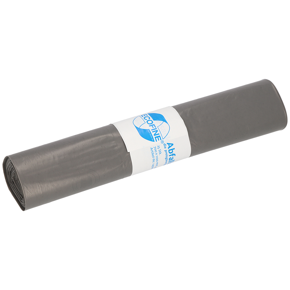 Abgebildet ist eine Rolle DEISS Abfallsäcke 700x1100 mm, 120 l, aus Recycling-LDPE/LLDPE der EMIL DEISS KG (GmbH + Co.), mit weißer und blauer Banderole, auf einfarbig weißem Grund.