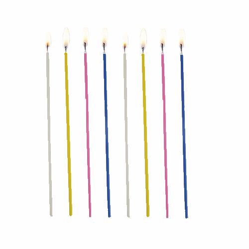 Achtzehn bunte PAPSTAR Spaghettikerzen (Ø 3 mm, 16,5 cm) der PAPSTAR GmbH stehen aufrecht auf weißem Untergrund – ideal für eine stimmungsvolle Beleuchtung bei besonderen Anlässen.