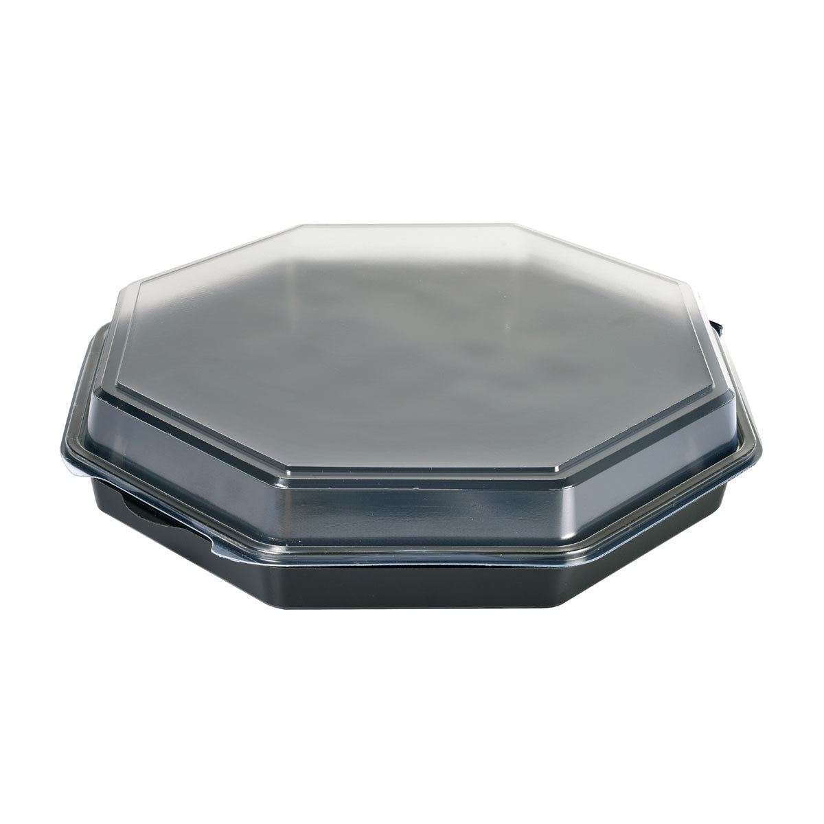 Abgebildet ist ein geschlossener Octaview® Schwarz/Transparent PS 305x305x60 Takeout-Container der Duni GmbH (Packung, 75 Stück) von oben mit klarem Deckel auf einfarbig weißem Hintergrund.