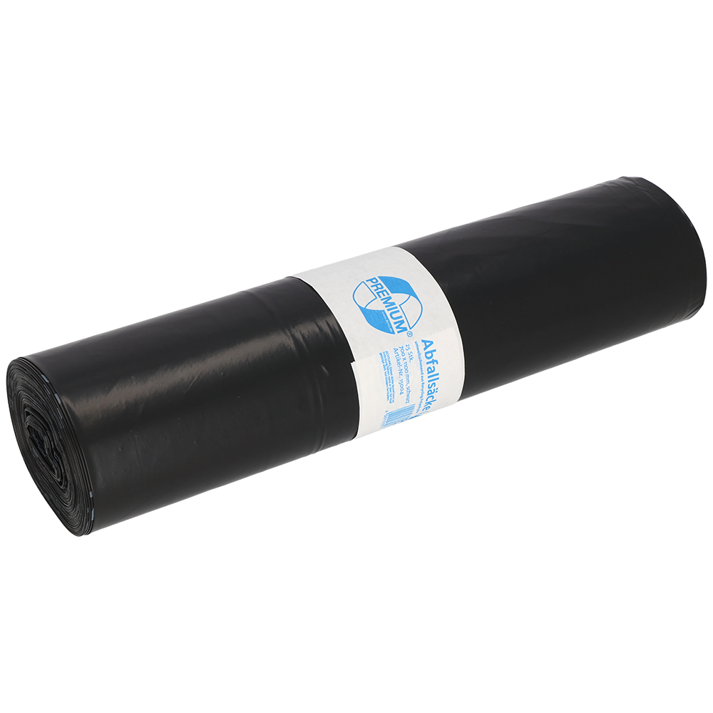 Abgebildet ist eine Rolle EMIL DEISS KG (GmbH + Co.) DEISS 15004 schwarze Müllsäcke, 700x1100x0,06 mm, 25 Stück, mit einem weiß-blauen Etikett in der Mitte, auf weißem Grund.