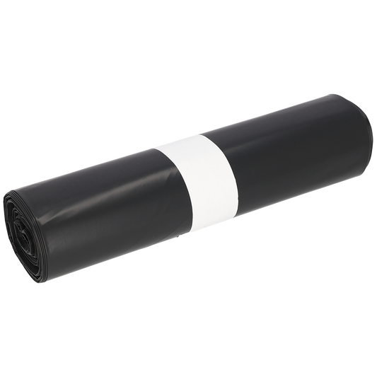Abgebildet ist eine Rolle EMIL DEISS KG (GmbH + Co.) DEISS 15005 Müllsäcke schwarz, 700x1100x0,06 mm (25 Stück), mit einem weißen Papierband um die Mitte, auf einem einfarbig weißen Hintergrund.