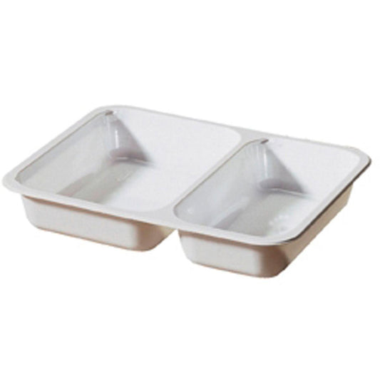 Die CPET-Schale 2 Weiß CPET 225x175x35 von Duni GmbH ist eine weiße, rechteckige Lebensmittelverpackung mit zwei Fächern - hitzebeständig und ideal zum Frischhalten sowie Organisieren von Speisen. Die Packung enthält 250 Stück.