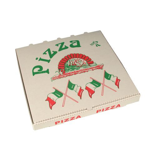 Die PAPSTAR 50 Pizzakartons (33x33x4 cm) der PAPSTAR GmbH zeichnen sich durch hochwertiges italienisches Design mit „Pizza“-Schriftzug, Backofenillustration und gekreuzten italienischen Flaggen auf dem Deckel aus. Enthält 50 Stück in Schrumpffolie.