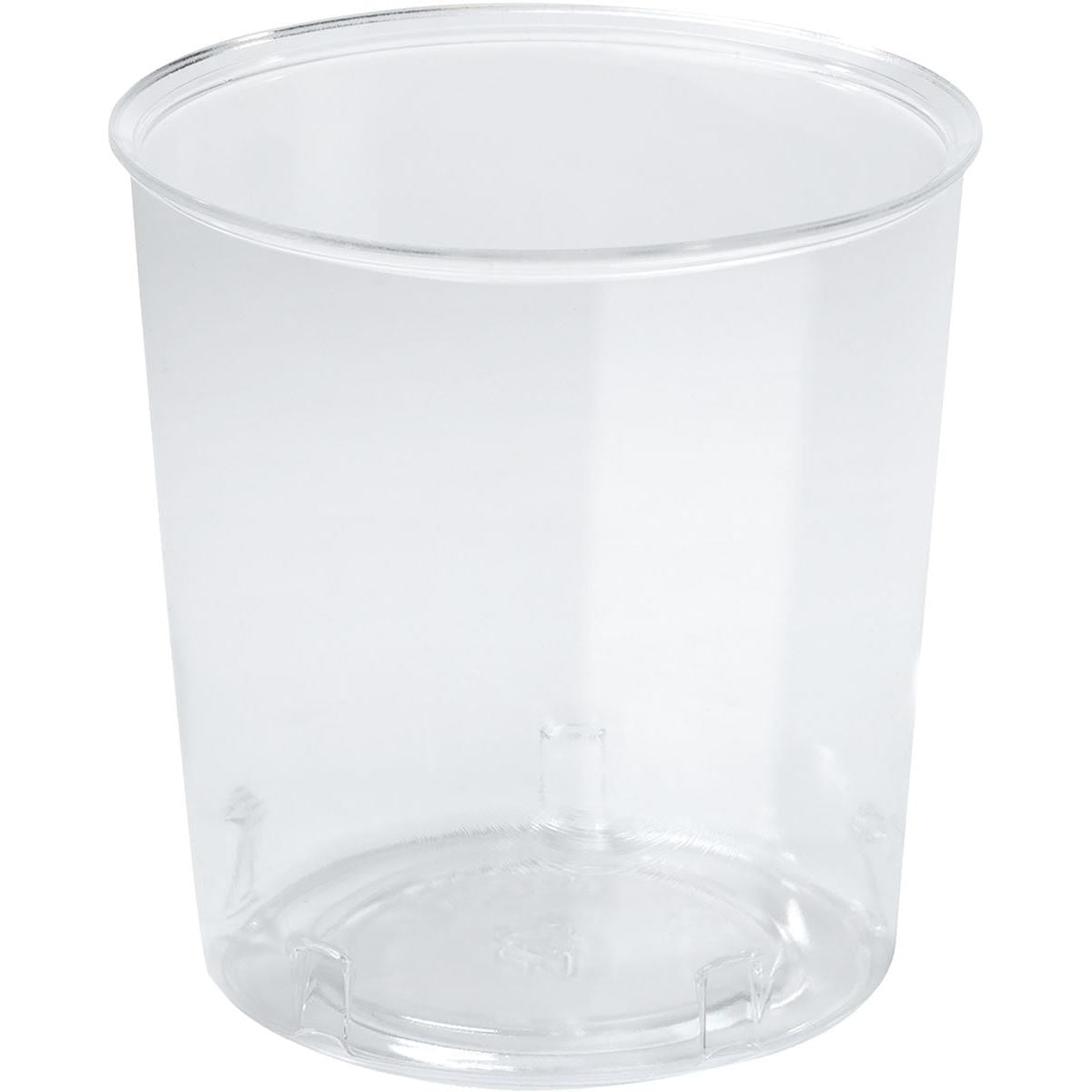 Ein transparenter Glas Trend PS Becher der Duni GmbH mit glatten Seiten und einem leicht abgerundeten Rand, leer vor einem schlichten weißen Hintergrund fotografiert.