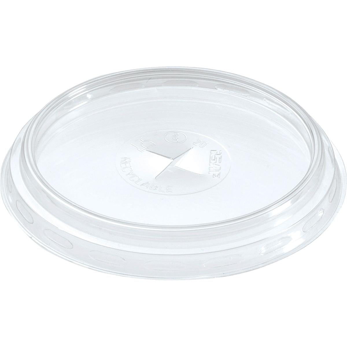 Der Duni GmbH Deckel mit Öffnung für 153397 / 153398 ist ein transparenter, runder APET-Deckel mit erhöhtem Rand, Recyclingsymbolen und einer zentralen Queröffnung - ideal für Lebensmittel- oder Getränkebehälter. Packung: 100 Stück.