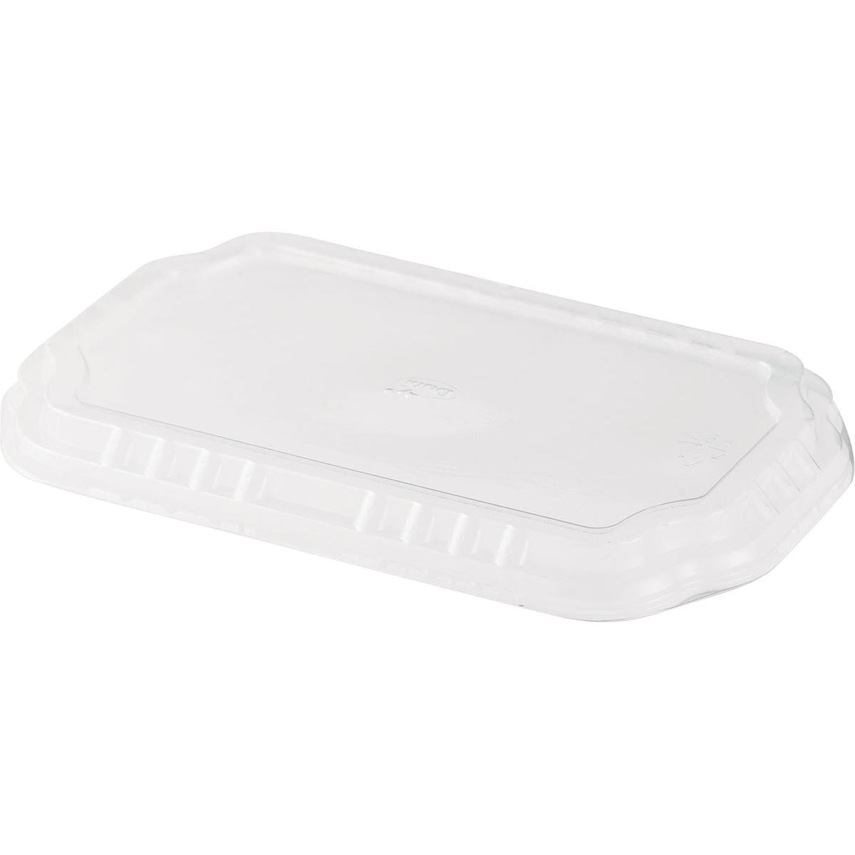 Der Duni GmbH Deckel für PP-Schalen Take-Away Transparent APET 256x163x12, flach auf weißem Hintergrund abgebildet, hat leicht erhöhte Kanten und passt auf den passenden Behälterboden. Verkauft in Packungen zu 246 Stück.