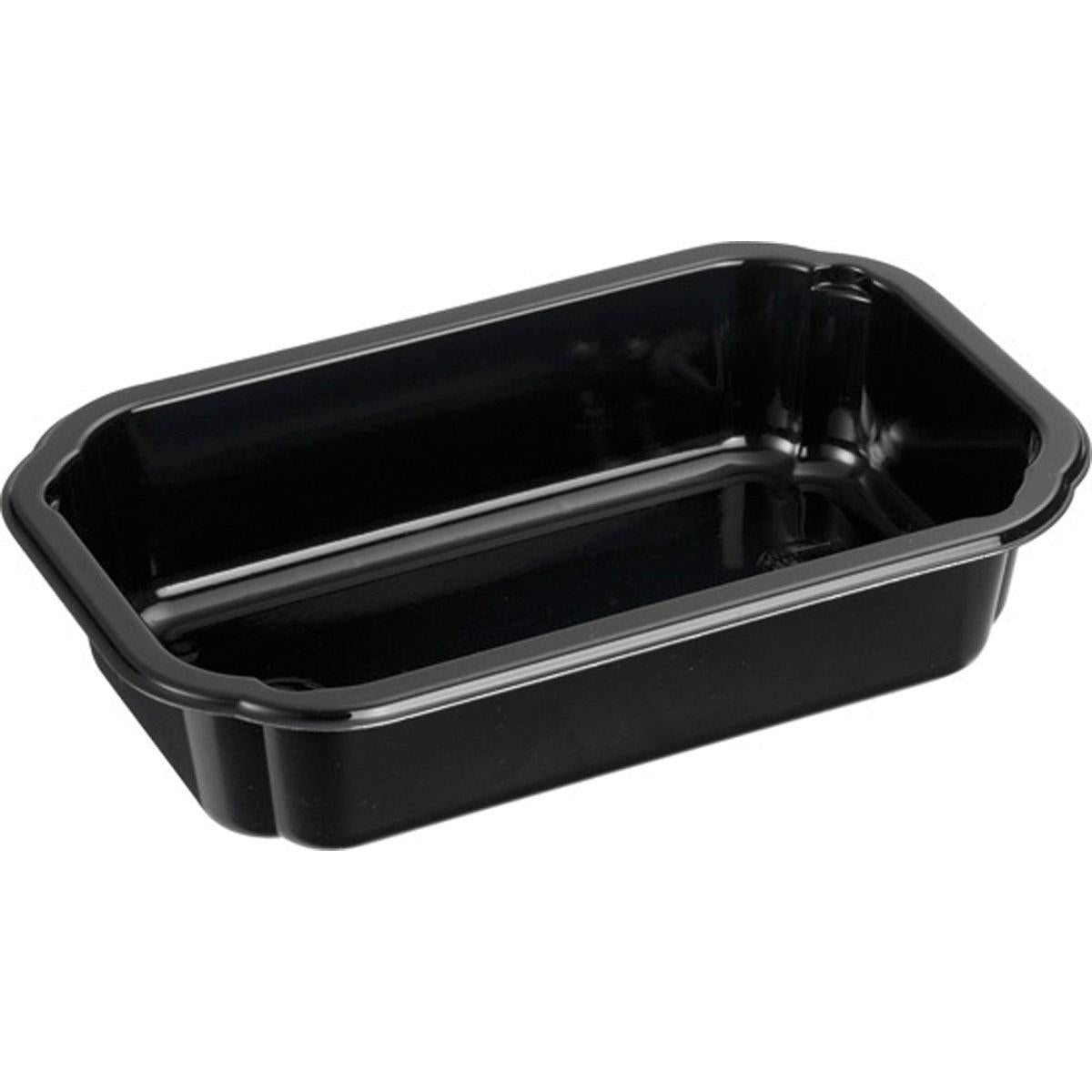Ein kleiner, schwarzer, rechteckiger CPET Take-Away-Lebensmittelbehälter der Duni GmbH mit abgerundeten Kanten und glänzender Oberfläche, leer auf weißem Hintergrund dargestellt - ideal für Mahlzeiten unterwegs. Produktname: CPET Take-Away klein Schwarz.