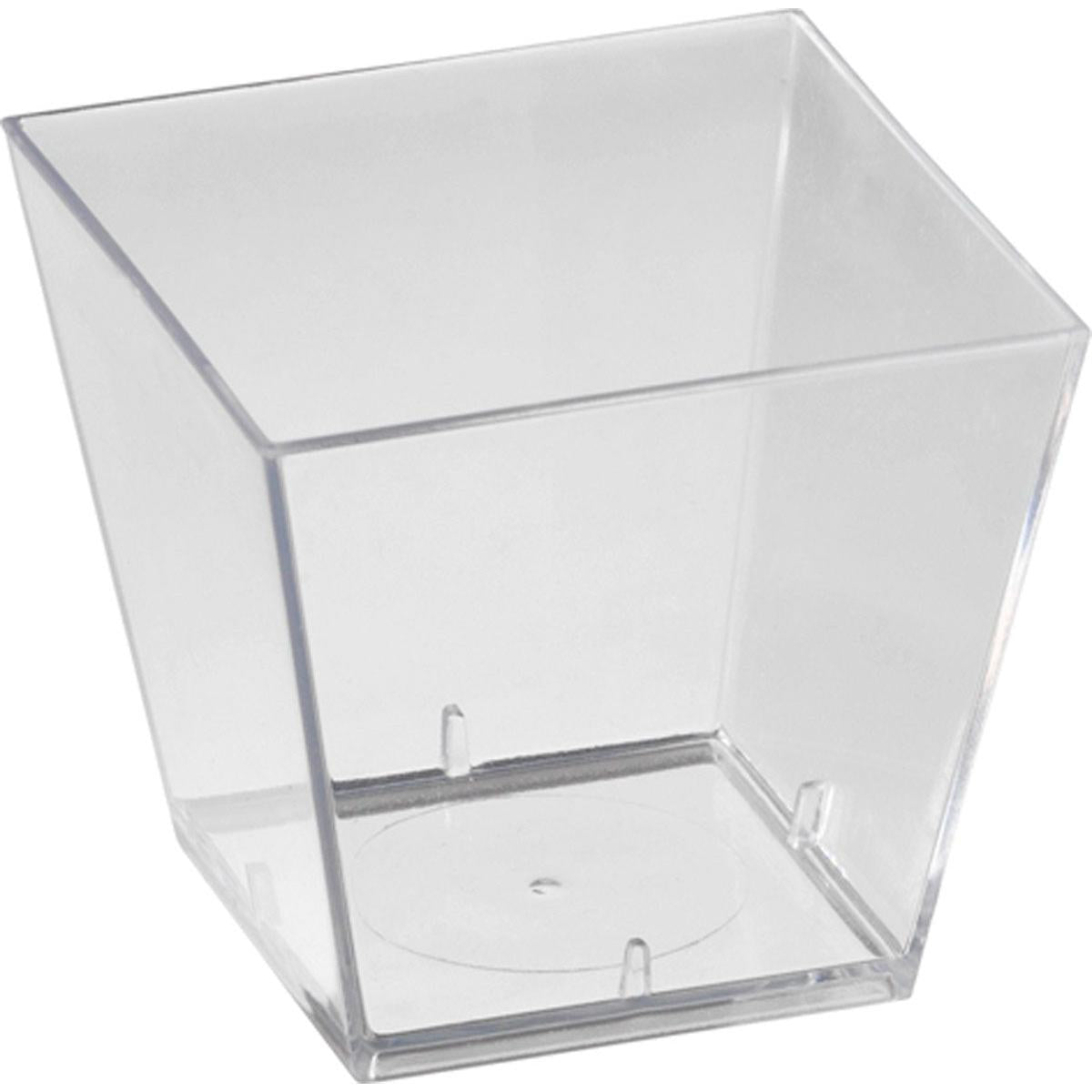 Eine klare, quadratische Duni GmbH Transparente PS Box (47x47x45 mm), Packung mit 100 Stück, leer dargestellt mit leicht abgeschrägten Seiten auf weißem Hintergrund.