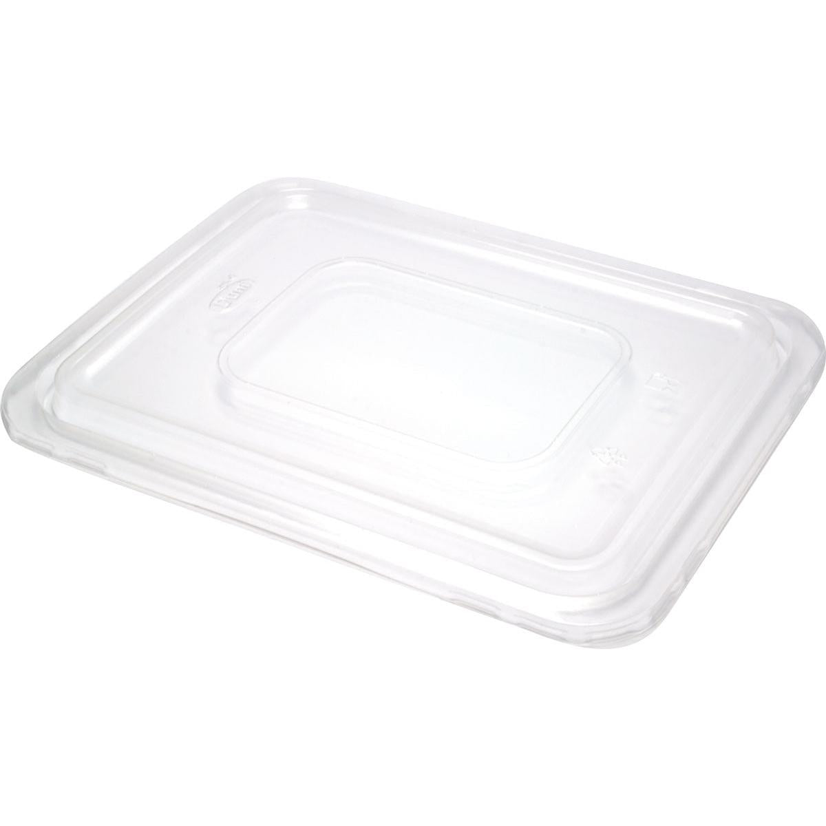 Der transparente Deckel für 151304, 151375 von Duni GmbH (PP, 190x138x14 mm, Packung mit 480 Stück) wird auf weißem Hintergrund aus leichtem Winkel gezeigt. Er verfügt über einen erhöhten Mittelbereich und glatte Kanten.