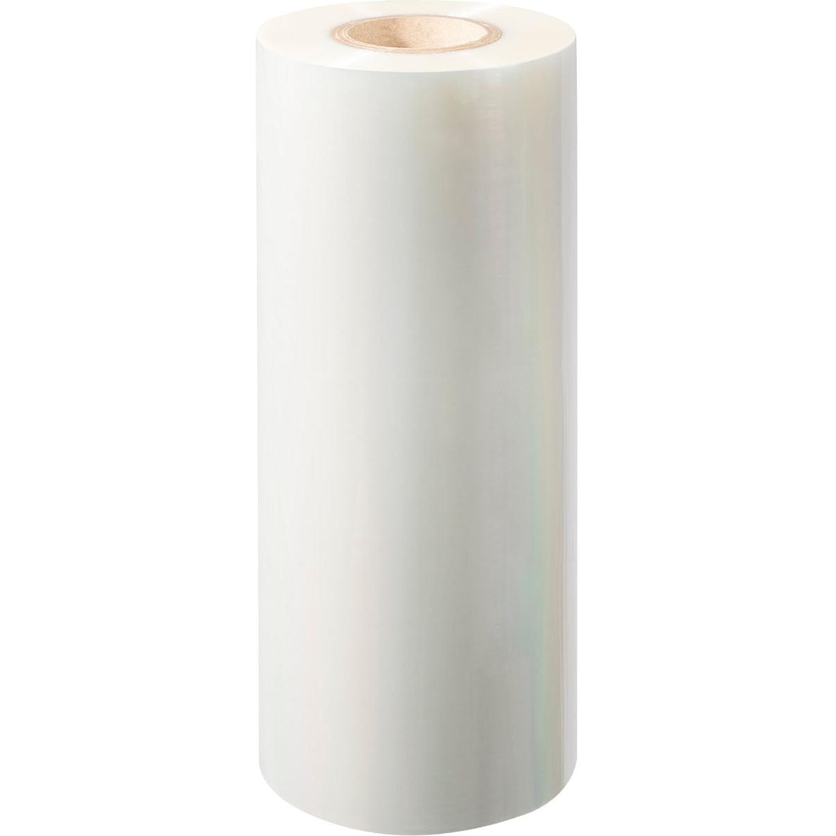 Eine Großrolle Universalfolie kein Antifog universal der Duni GmbH steht aufrecht mit einem sichtbaren Pappkern. Ihre klare, glatte, leicht reflektierende Oberfläche macht sie als vielseitig einsetzbare Folie ideal für verschiedene Anwendungen.