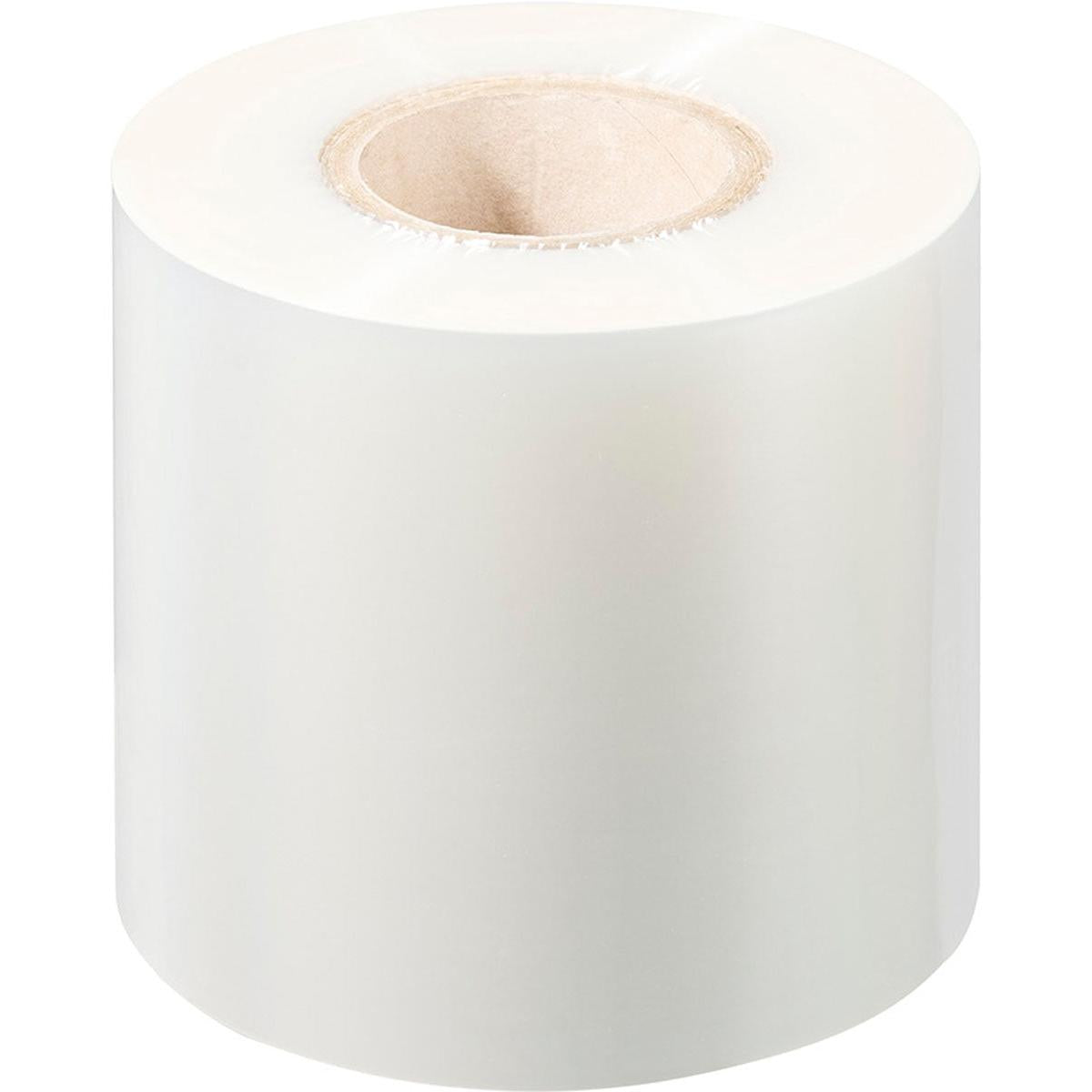 Eine große, weiße, zylindrische Rolle Universalfolie kein Antifog universal der Duni GmbH mit Pappkern steht aufrecht vor einem schlichten weißen Hintergrund.