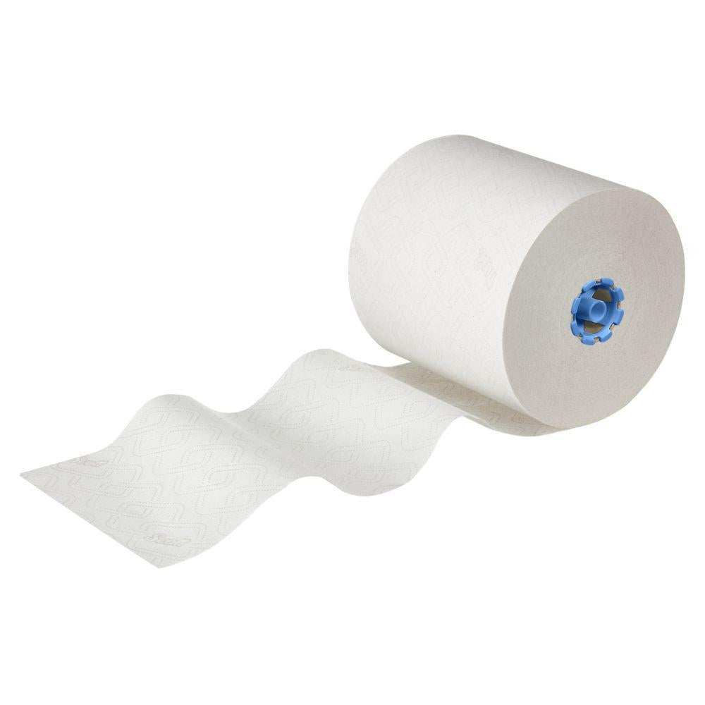 Ein teilweise abgerolltes Scott® Essential™ Rollenhandtuch 6638 Großrolle 1-lagig von Kimberly-Clark GmbH, weiß mit blauem Kern und Airflex Technologie, ist vor einem einfarbig weißen Hintergrund abgebildet.