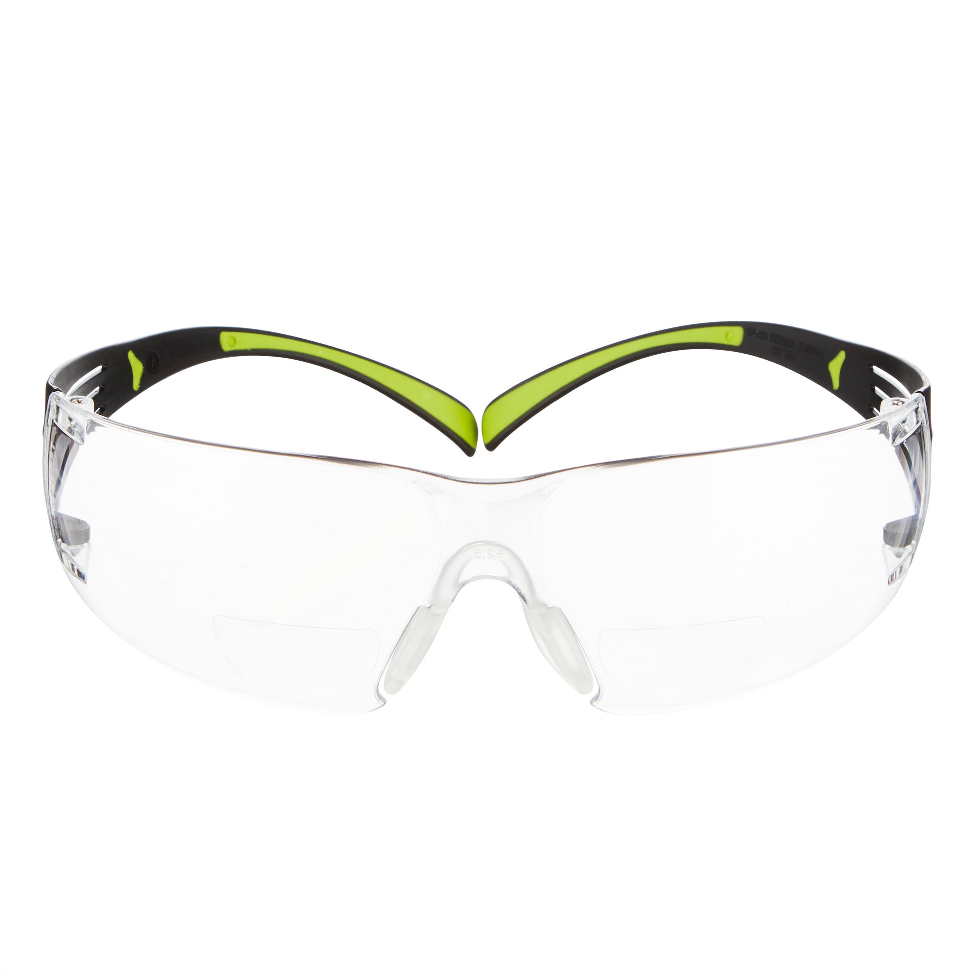 Die 3M™ SecureFit™ Lese-Schutzbrille der 3M Deutschland GmbH hat klare Gläser und einen schwarzen Rahmen mit grünen Innenakzenten, die nach vorne gerichtet auf weißem Hintergrund abgebildet sind.