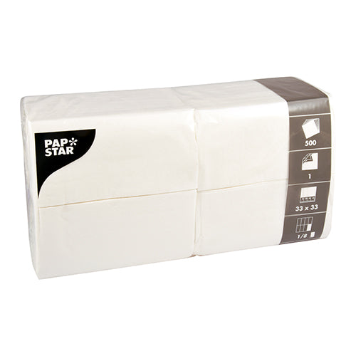 Eine versiegelte Packung Servietten weiss, 1-lagig, 1/8-Falz, 33 x 33 cm, Folie (500 Stück) der PAPSTAR GmbH; weisse Servietten für die Gastronomie mit Falt- und Grössenangaben auf der Verpackung.