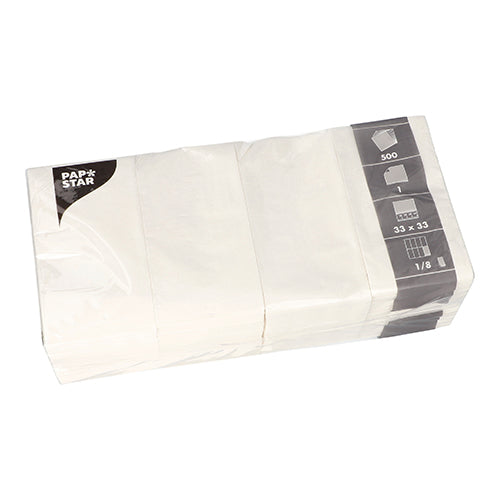 Eine versiegelte Kunststoffpackung mit 500 Stück PAPSTAR GmbH Servietten weiß 1-lagig 1/8-Falz, 33 x 33 cm, mit Produktinfo – ideal für den Gastronomiegebrauch.