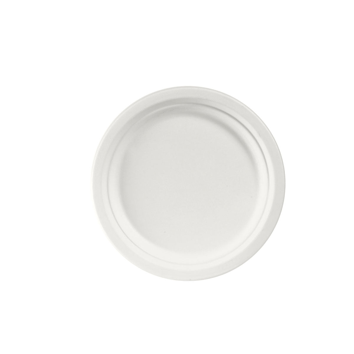 Ein Duni GmbH Teller ø 22 cm aus weißer Bagasse (Packung 50 Stück) ist von oben auf weißem Grund zu sehen. Der Einwegteller ist biologisch abbaubar, nachhaltig, hat eine glatte Fläche und einen leicht erhöhten Rand.