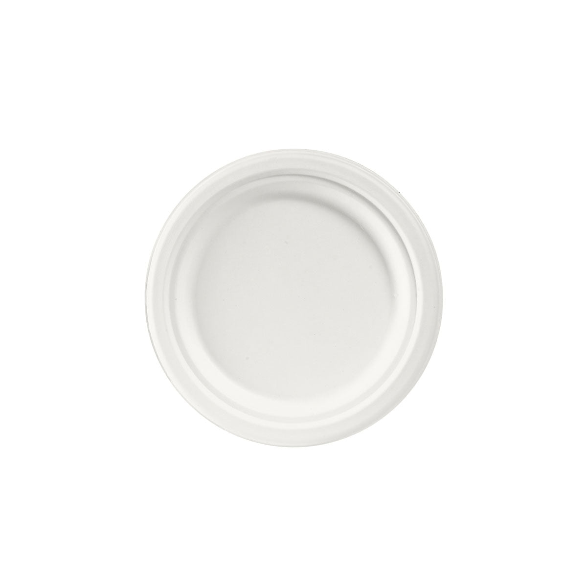 Der runde, weiße Duni GmbH Teller ø 17 cm Bagasse deckel auf weißem Hintergrund - ideal für umweltfreundliches Einweggeschirr (Packung: 50 Stück).