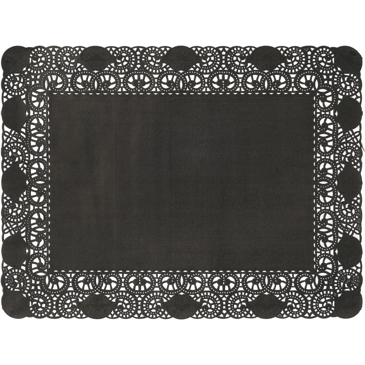 Die Duni GmbH Tortenspitzen Rechteckig 30 x 40 cm in schwarz hat einen eleganten spitzenähnlichen Rand und eine schwarze Mitte - perfekt für stilvolle Displays. Jede Packung enthält 250 Stück.