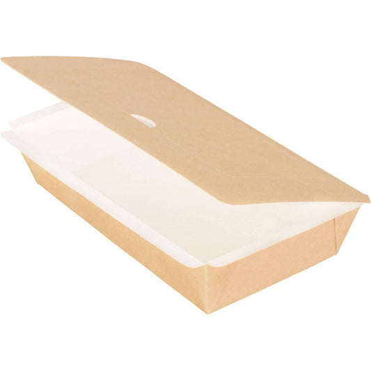 A Duni GmbH Pappbox, rechteckig, M (200x120x45 mm) aus braunem Karton/PE, mit angesetztem und teilweise geöffnetem Deckel. Die leere Box steht vor weißem Hintergrund. Packung: 250 Stück.