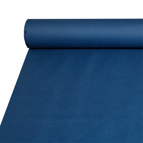 Die Starpak-Tischdecke, stoffähnlich (Airlaid, 20 m x 1,2 m), zeigt ein dunkelblaues ausgerolltes Laken mit einer sichtbaren Rolle oben links und einer flachen Verlängerung nach unten rechts. Es ist langlebig und leicht zu reinigen.