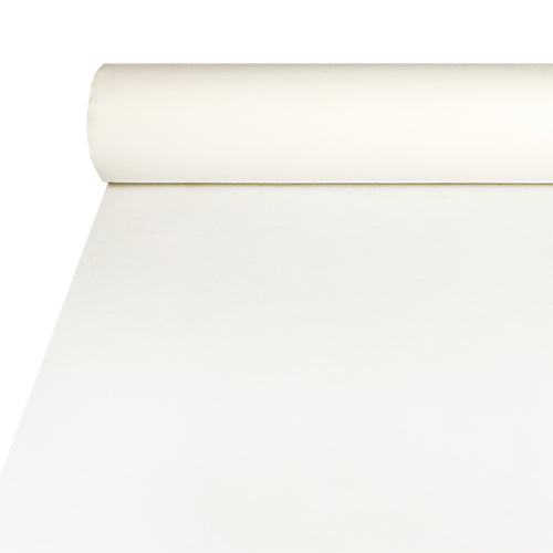 Eine Rolle Starpak Auslaufartikel Tischdecke, stoffähnlich Airlaid (20 m x 1,2 m, weiß), wird auf einer ebenen Fläche wie eine Tischdecke teilweise ausgerollt, wobei die Rolle oben liegt und das Papier nach unten verläuft.