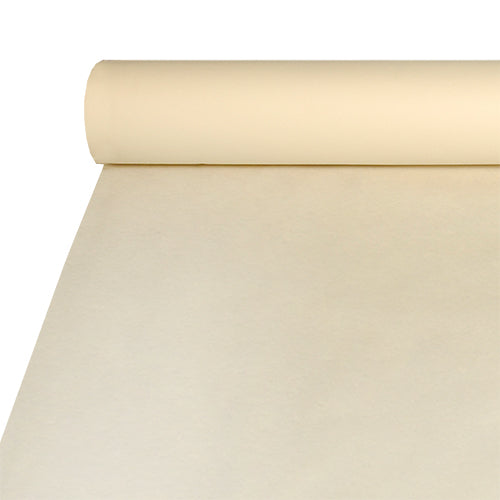 Eine große Rolle Starpak-Tischdecke, stoffähnlich (Airlaid 20 m x 1,2 m), wird auf einer flachen Oberfläche ausgerollt und enthüllt ihre glatte, makellose Textur – ideal für die Gastronomie oder hochwertige Tischdekorationen.