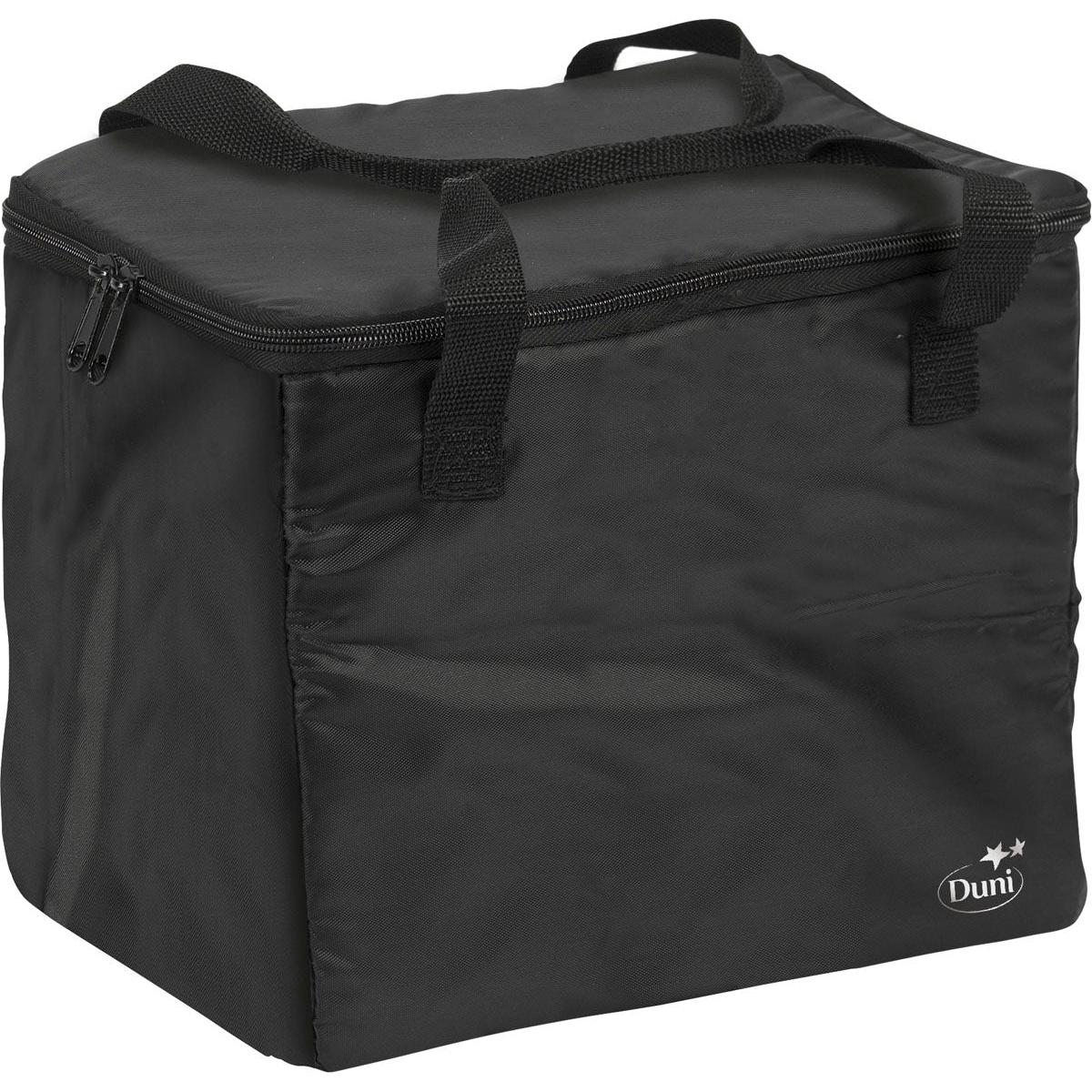 Eine Thermotasche 1 Schwarz Nylon 275x200x240 von Duni GmbH mit zwei Tragegriffen, einem Reißverschluss an der Oberseite und einem weißen Duni-Logo in der unteren vorderen Ecke. Packung (1 Stück).