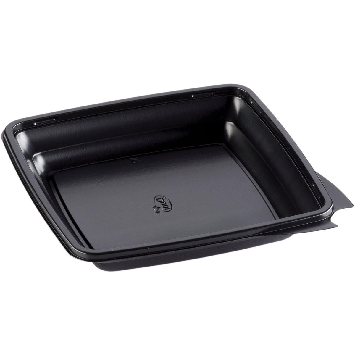 Die quadratische Menübox Schwarz PP 197x197x33 von Duni GmbH (Packung à 450 Stück) aus stabilem Kunststoff hat leicht erhöhte Ränder und einen seitlichen Tab, abgebildet auf weißem Hintergrund.