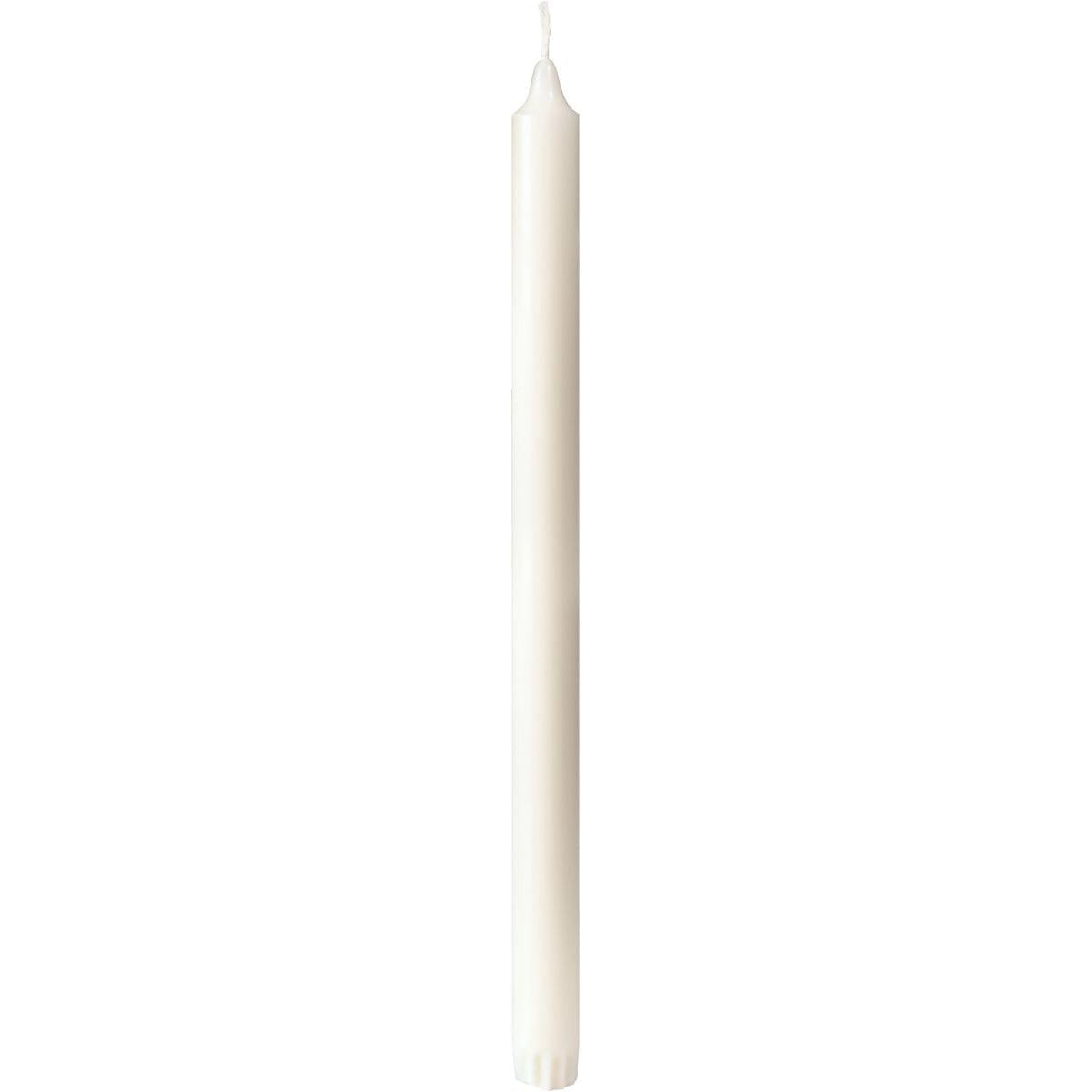 Abgebildet ist eine hohe, weiße Duni GmbH Kronenkerzen Stumpenkerze (100% Stearin, 350 x 22 mm, 13h), 10er Pack, mit sichtbarem Docht vor weißem Hintergrund.