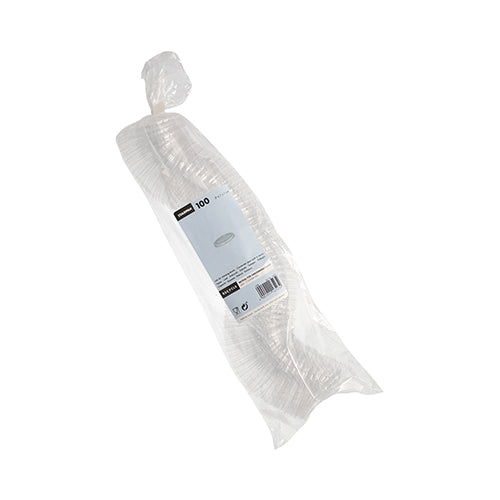 Eine durchsichtige Plastiktüte mit 100 gestapelten Starpak PS runden Deckeln (Ø 6,7 cm, 1 cm hoch), transparent, in Folie verpackt mit weißem Etikett und Produktinfos – ideal für die Verpackung von Lebensmitteln.