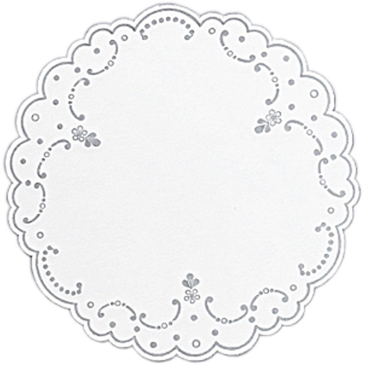 Der Dunicel-Untersetzer Ø 19 cm weiß/silber von Duni GmbH (250 Stück) zeichnet sich durch seine geriffelten Kanten und das symmetrische Ausschnittmuster aus - ideal für eine elegante Gastronomie-Präsentation.