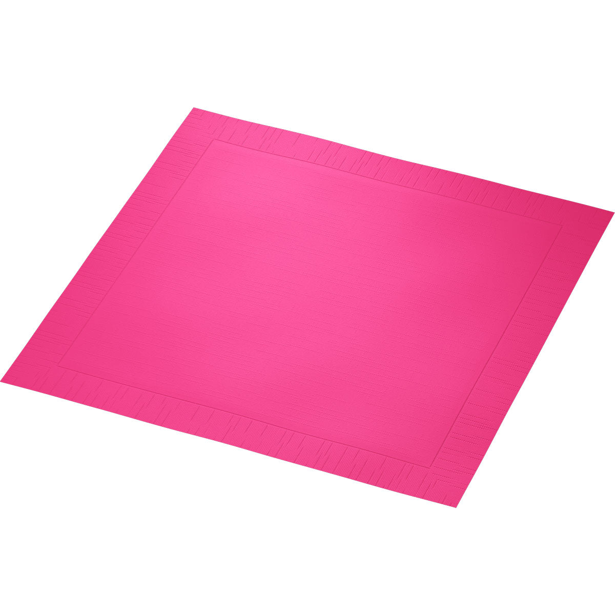 Eine Duni GmbH Klassikservietten 40 x 40 cm, 4-lagig, geprägt 1/4 Falz-Serviette in leuchtendem Pink liegt flach auf weißem Grund und zeigt ihren strukturierten Rand und die glatte Mitte.